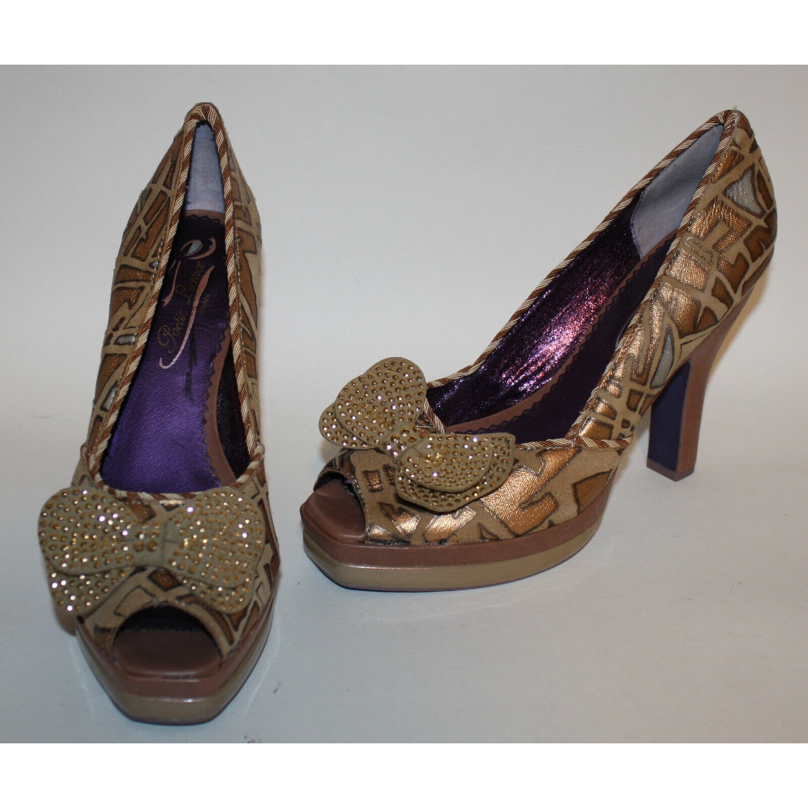 Poetic Licence Shoes 8m Peekaboo Love Heels Brown Bow Copper Silver Gold Leather